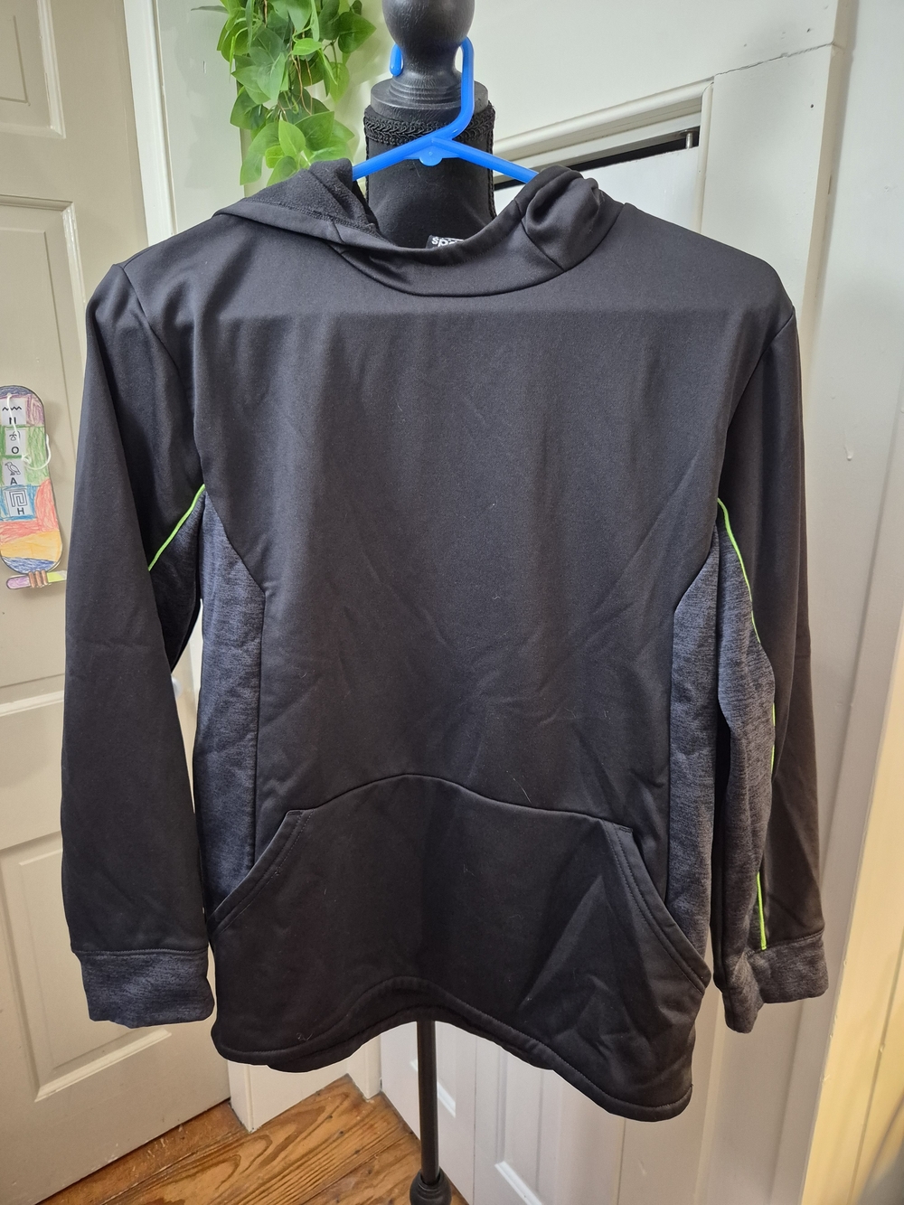 Kids Black Hoodie Sweatshirt with Gray Panels and Green Trim